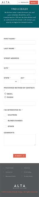 Alta Window Fashions Find a Dealer Form on mobile